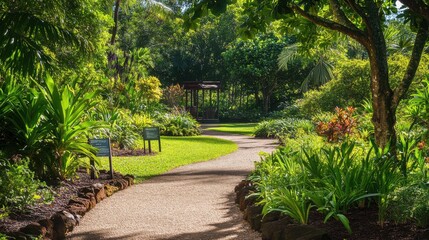 Fototapeta premium A serene botanical garden with carefully curated plant collections and pathways, Gardening tools and signage set up for exploration, Classic photo of