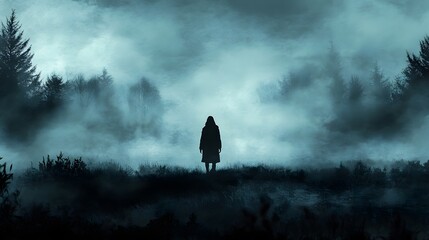 Solitary anime figure in a gloomy environment, moody setting