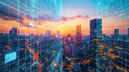 Fototapeta premium Futuristic city skyline at sunset with digital overlay. (1)