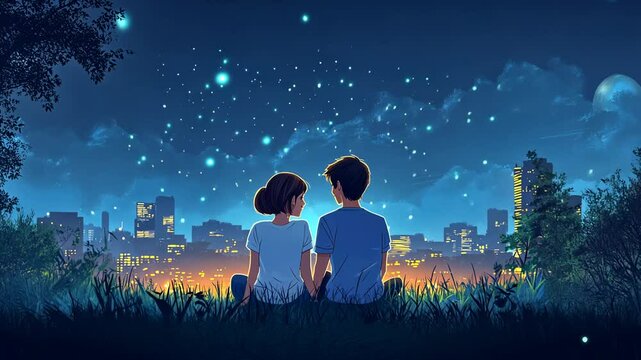 A couple sitting on the grass, back view, city night sky background, stars in the sky, cartoon style, in the style of anime illustration.