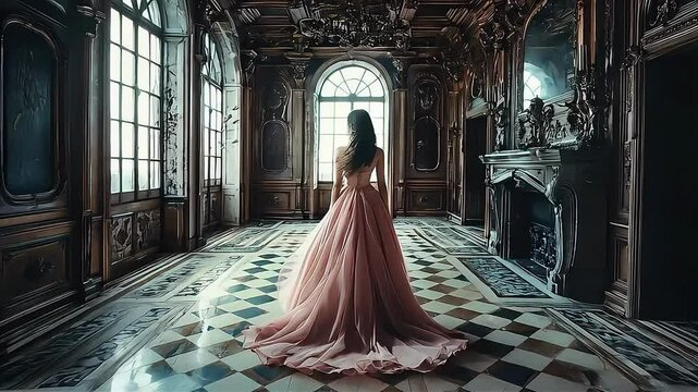 A graceful woman in a flowing pink gown stands in an elegant historic room.