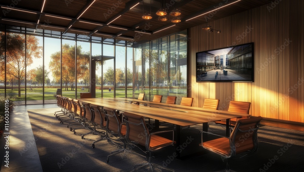 Poster modern conference room with large windows, wooden table, and screen displaying architecture.