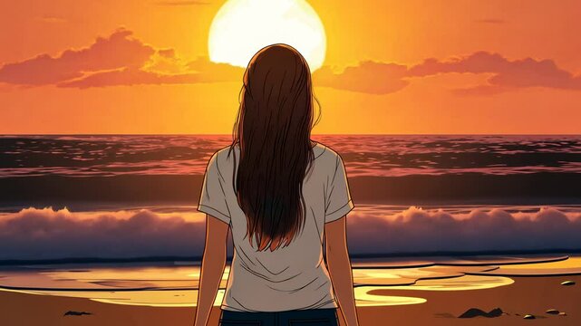 A girl stands on the beach, gazing at the sunset over the waves, in a cartoon style, vector illustration, anime art, digital painting, high resolution.