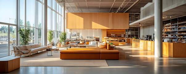 A modern caf? interior featuring wooden furniture, plants, and a spacious layout.