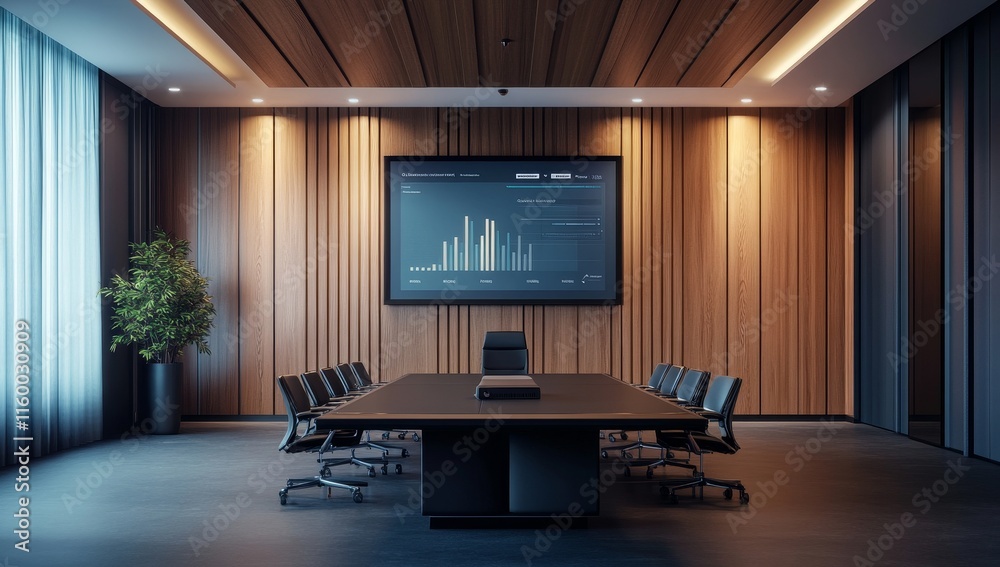 Poster Modern boardroom with large screen displaying financial data.
