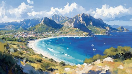 Scenic coastal landscape with mountains and sailboats on the water.