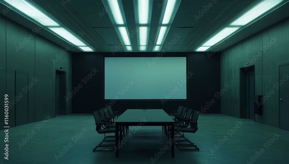 Poster empty conference room with large screen and long table.