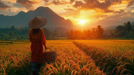 Fototapeta premium Woman in a rice field at sunset with mountains, carrying a basket