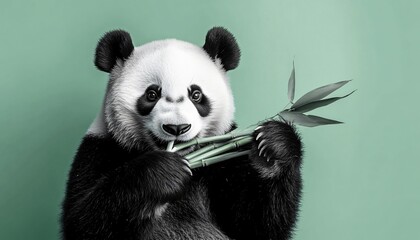Fototapeta premium Playful Panda Enjoying Bamboo Against a Soft Green Background