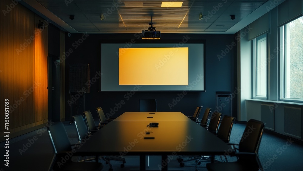 Poster empty modern conference room with projector and screen.