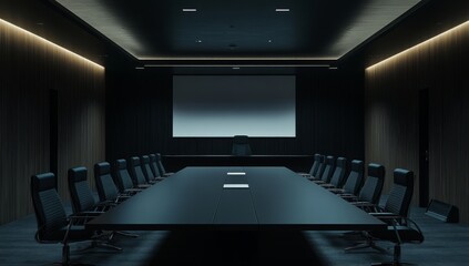 Dark modern boardroom with long table and chairs.