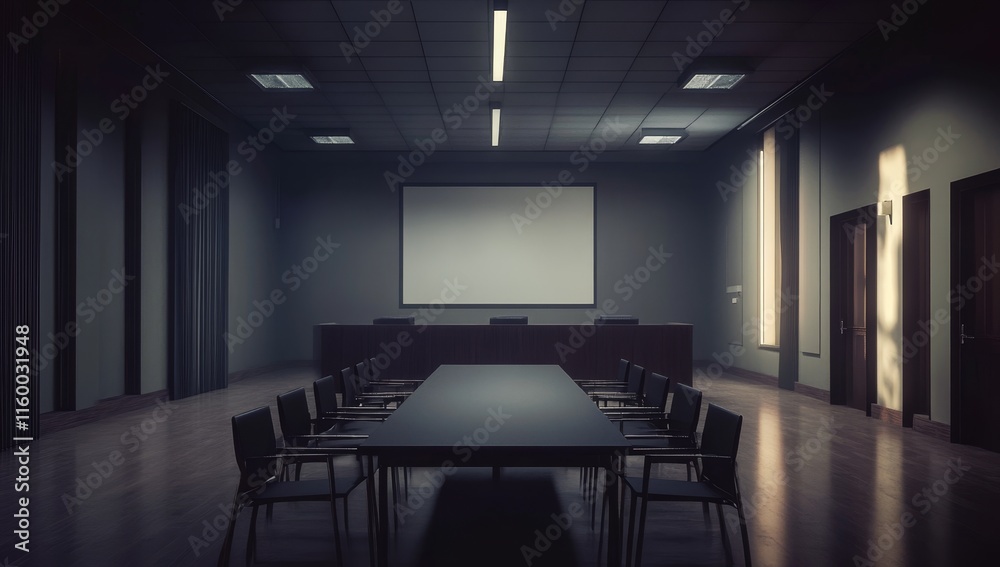 Aufkleber empty conference room at night with a projection screen and long table.