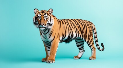 Obraz premium Majestic tiger standing strong against a vibrant turquoise background