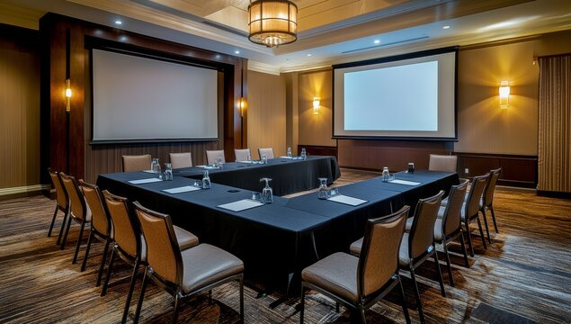 Modern conference room with U-shaped table, projectors, and chairs.