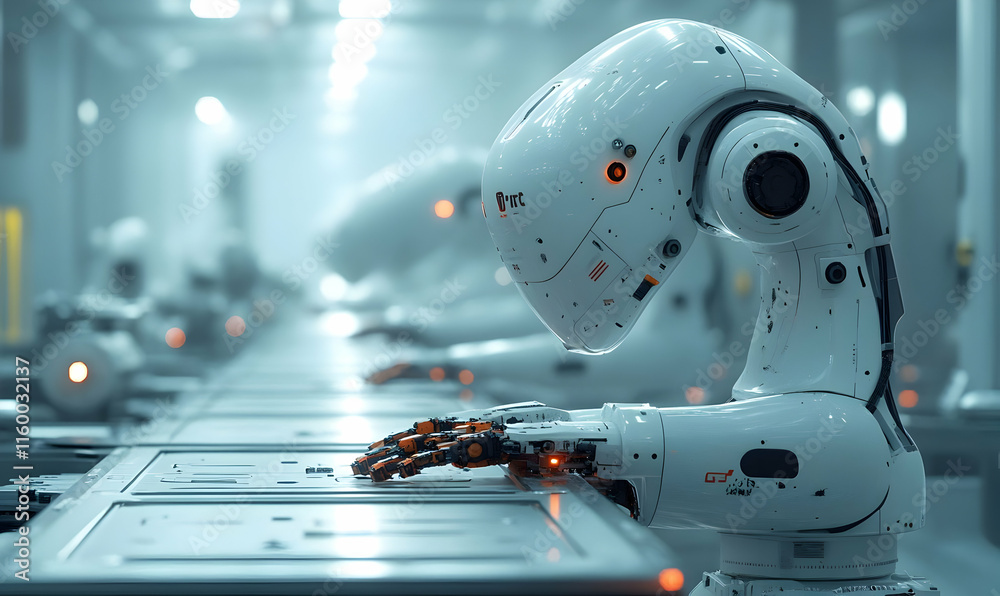 Poster a futuristic robot assembly line with humanoid robots working on tasks.