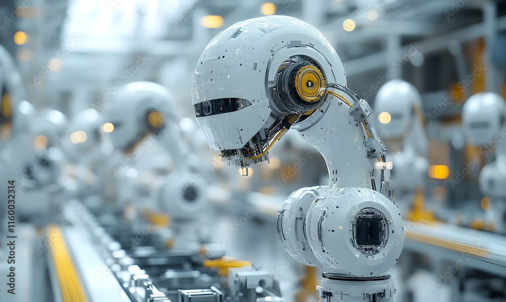 Poster a futuristic assembly line featuring humanoid robots working in a high-tech environment.