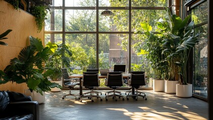 Obraz premium Sunlit modern office with large windows, plants, and a conference table.