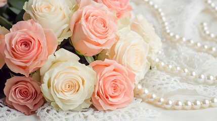 Obraz premium Elegant pink and white roses with pearls on lace floral arrangement still life photography soft light romantic aesthetic