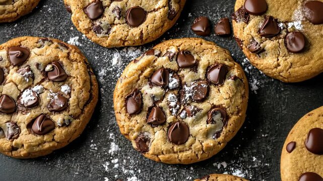 Freshly baked chocolate chip cookies cooling on a black surface after being removed from the oven