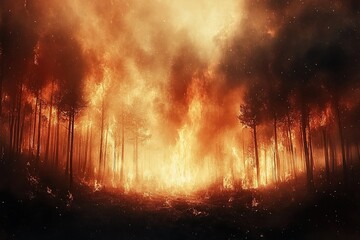 Intense wildfire engulfing a forest, highlighting environmental crisis.