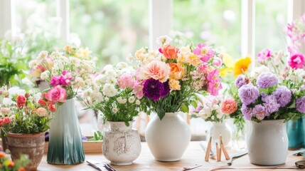 A serene flower arranging workshop with colorful blooms and elegant vases, Floral tools and arranging stations set up for artistic flair, Classic photo of