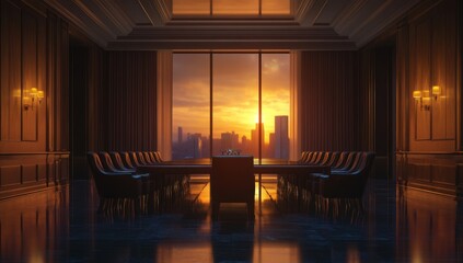 Luxurious conference room with sunset city view.