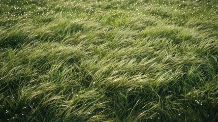Windswept grass field with dew drops.