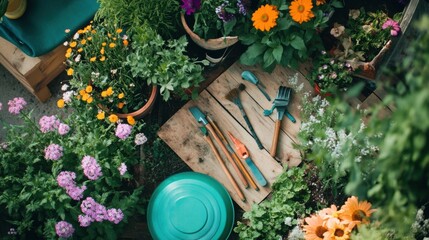 A serene gardening workshop with tools and blooming plants, Gardening equipment arranged in a lush garden setting, Horticultural bliss style