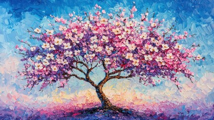 Vibrant pink and white blossom tree painting against a blue sky.