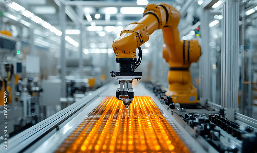 Poster a robotic arm operates on an assembly line, handling items efficiently in an industrial setting.