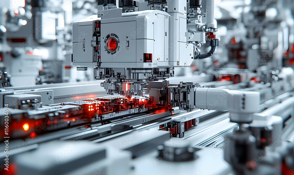 Poster a close-up of an automated assembly line with robotic components and glowing lights.