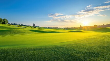 A serene golf course landscape, Pristine fairways stretching under the morning sun, Classic sporting style