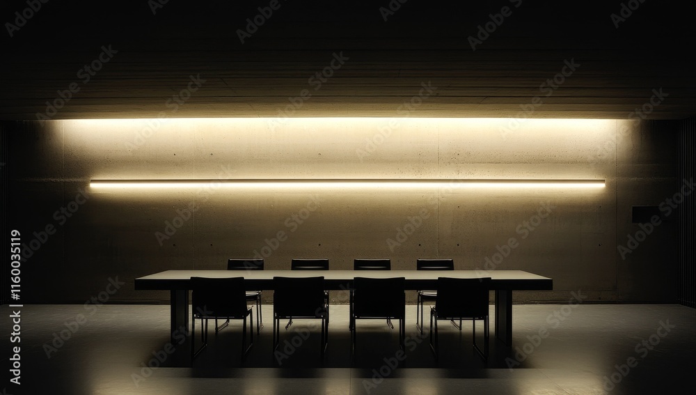 Poster minimalist concrete room with long table and linear lighting.