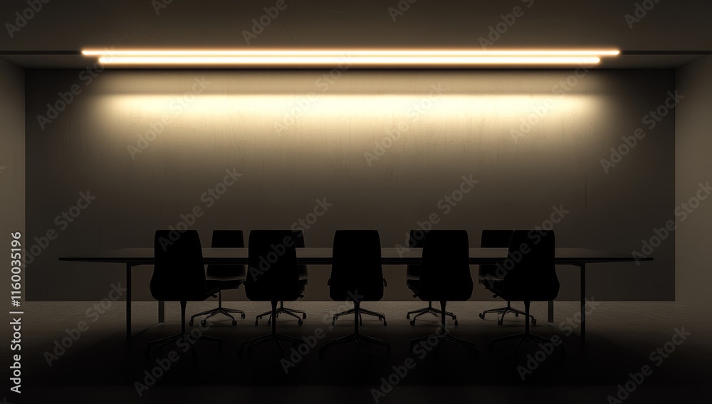 Poster dark conference room with long table and chairs, illuminated by a single overhead light.