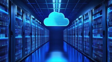 Data Center with Cloud Symbol and Server Racks