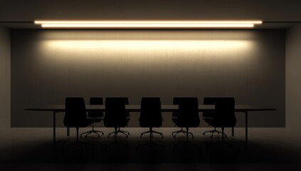 Dark conference room with long table and chairs, illuminated by a single overhead light.