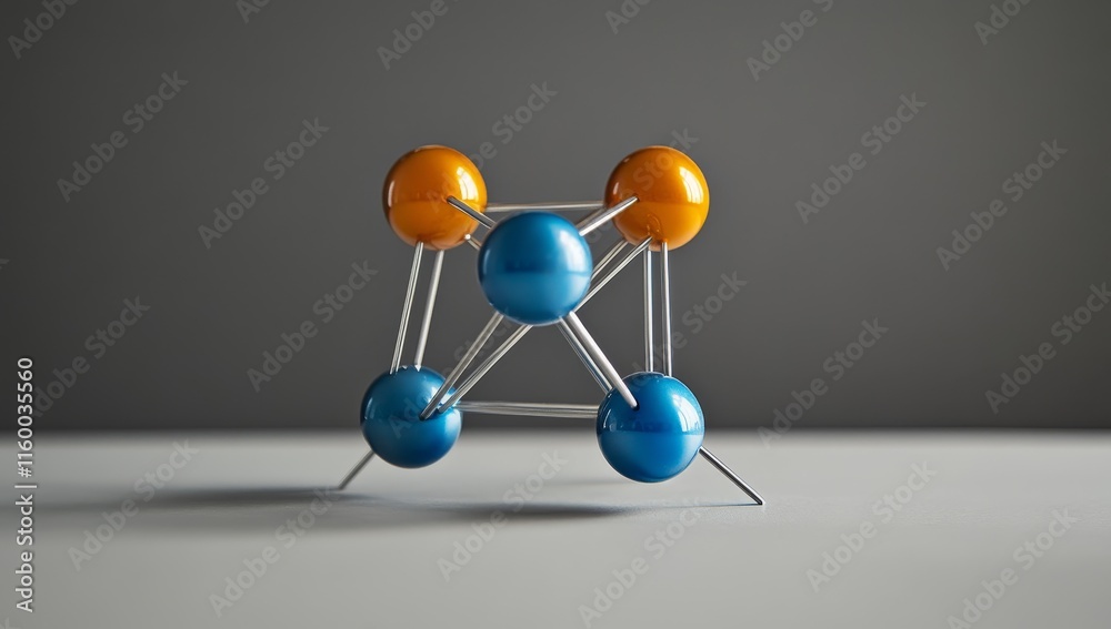 Poster abstract 3d model of a molecule with blue and orange spheres connected by silver rods on a gray back