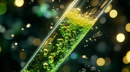 A transparent test tube filled with a bright green solution, with visible bubbles, capturing the essence of scientific discovery and lab experiments.
