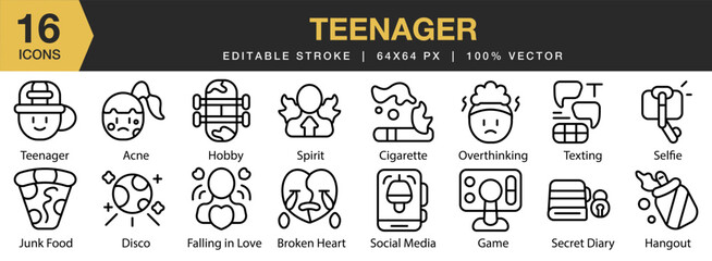 Teenager icon set. Editable Stroke Icon Collection. Includes teenager, young, lifestyle, casual, model, clothes, and More. Outline icons vector collection.