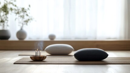 A serene home meditation and yoga sanctuary with cushions and incense, Meditation cushions, yoga mats