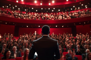 Man giving speech to large audience in theater.