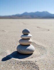 stones, balanced, three, arrangement, simple, sandy, surface, mountain, range, distant, clear, blue, sky, serene, tranquil, harmony, zen, nature, peaceful, minimalist, outdoors, calm, alignment, 