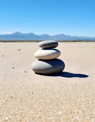 stones, balanced, three, arrangement, simple, sandy, surface, mountain, range, distant, clear, blue, sky, serene, tranquil, harmony, zen, nature, peaceful, minimalist, outdoors, calm, alignment, 