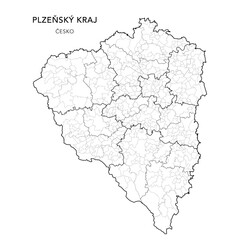 Political Map of the Plzeň Region (Plzeňský kraj) with Districts, AD MEC, AD CLA, Municipalities, and Plzeň Boroughs and Administrative Parts as of 2024 - Czechia/Czech Republic (Česko) - Vector Map