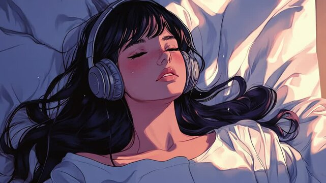 Beautiful anime girl laying in bed with white sheets, wearing headphones and listening to music. She is happy and relaxed as the moonlight shines through her window, 