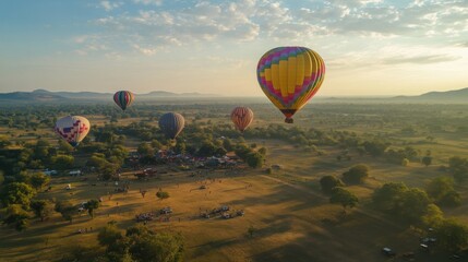 A serene hot air balloon festival with colorful balloons and scenic landscapes, Hot air balloons and festive decorations set up for aerial exploration, Classic photo of