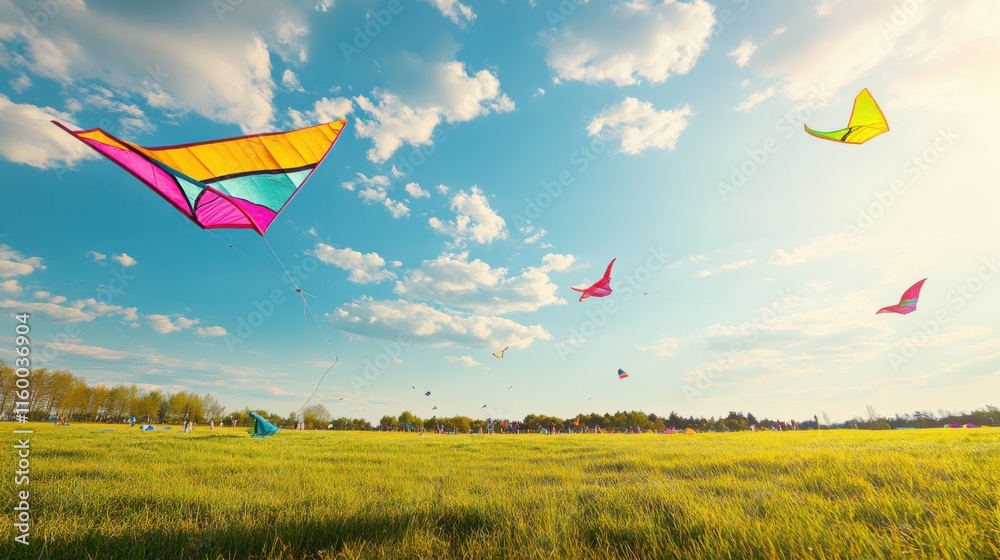 Poster a serene kite-flying field with colorful kites and windsocks, kite-flying tools and open sky meticul