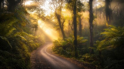 Obraz premium Sunbeams illuminate a winding forest road.
