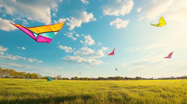 A serene kite-flying field with colorful kites and windsocks, Kite-flying tools and open sky meticulously arranged, Childhood joy style