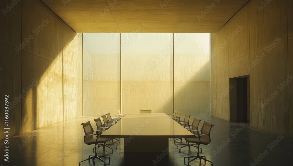 Poster sunlit minimalist conference room with large window and long table.